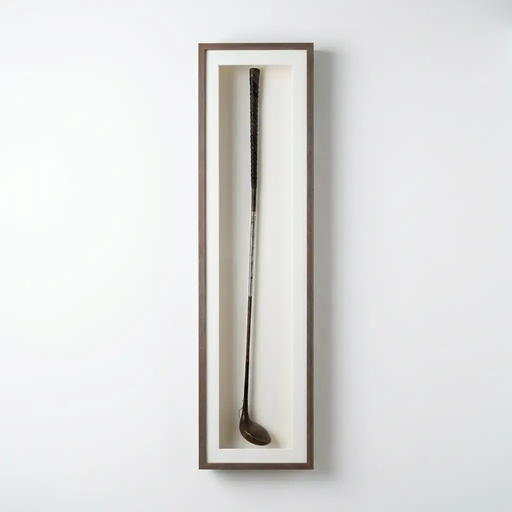 A vintage golf club mounted in a tall deep box frame