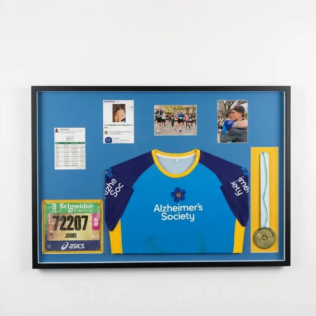 A charity running shirt, race number, photographs and medal in a deep box frame