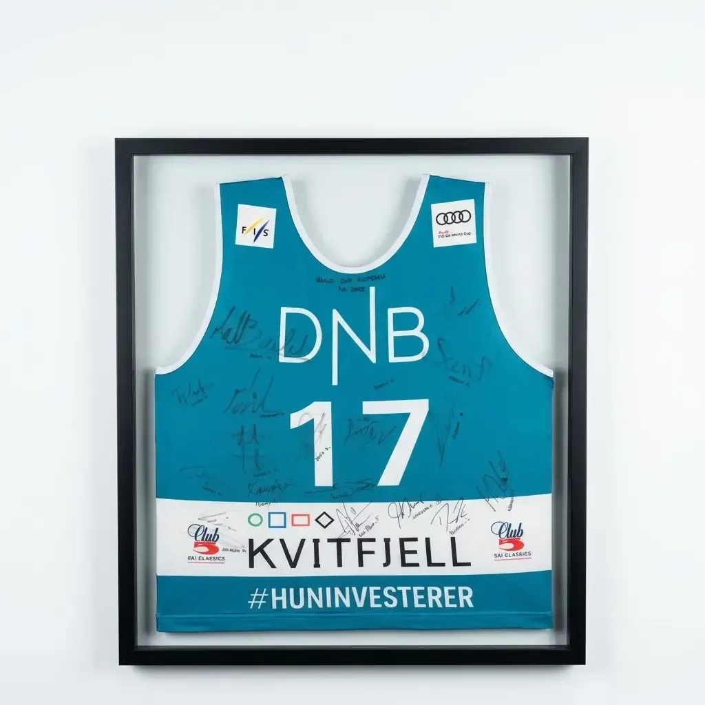 A signed ski race bib mounted in a black box frame