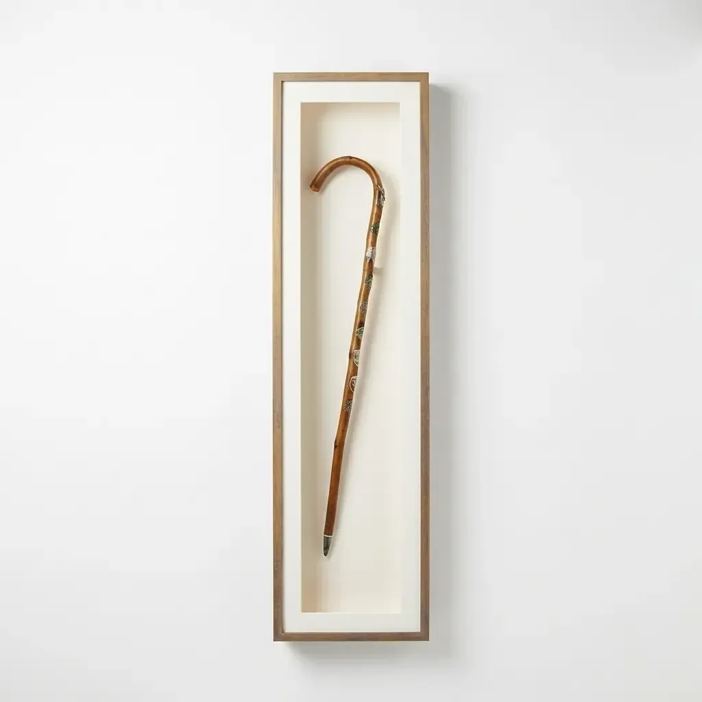 A walking cane mounted in a deep oak box frame with a cream mount